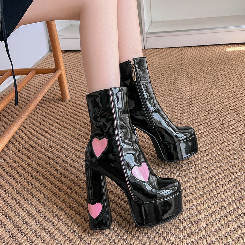 Martin Boots Square Toe Chunky Heel Short Boots Thick Bottom Waterproof Platform Black All-Match High Heels Love Stitching Short Boots - Image 2