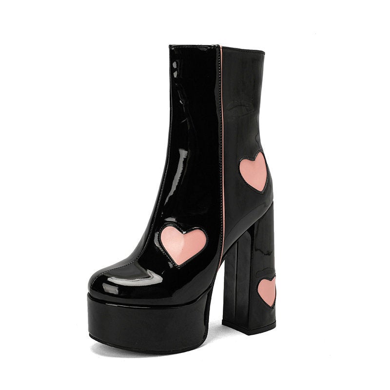 Martin Boots Square Toe Chunky Heel Short Boots Thick Bottom Waterproof Platform Black All-Match High Heels Love Stitching Short Boots - Image 5