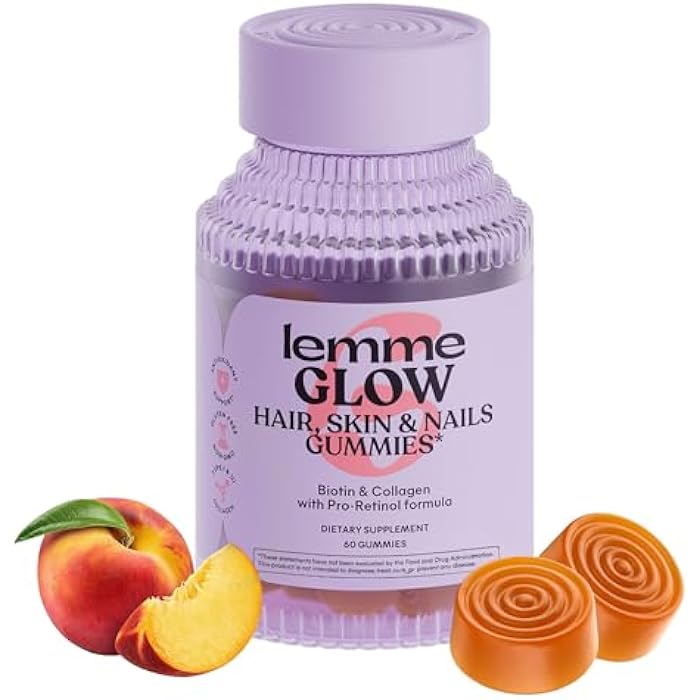 Lemme Glow Collagen Gummies for Thick Hair, Strong Nails & Healthy Skin with Multi-Collagen Peptides, Biotin, Trace Minerals, Zinc, Vitamins A, C & E, Dairy & Gluten Free, Peach Flavor, 60 ct. - Image 1