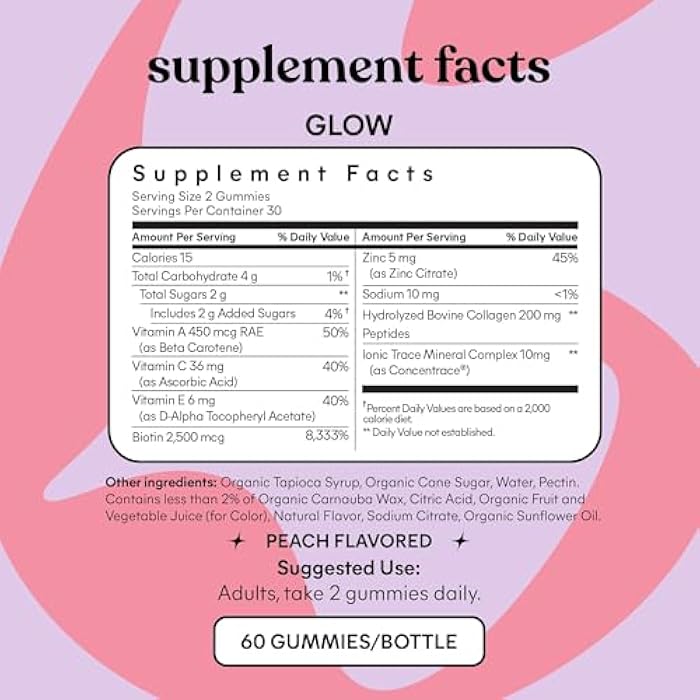 Lemme Glow Collagen Gummies for Thick Hair, Strong Nails & Healthy Skin with Multi-Collagen Peptides, Biotin, Trace Minerals, Zinc, Vitamins A, C & E, Dairy & Gluten Free, Peach Flavor, 60 ct. - Image 5