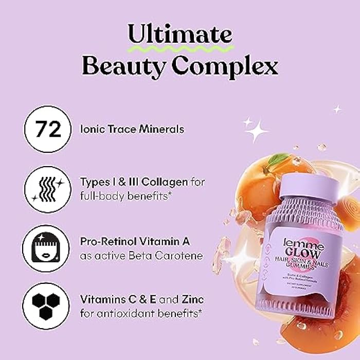 Lemme Glow Collagen Gummies for Thick Hair, Strong Nails & Healthy Skin with Multi-Collagen Peptides, Biotin, Trace Minerals, Zinc, Vitamins A, C & E, Dairy & Gluten Free, Peach Flavor, 60 ct. - Image 4