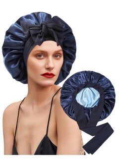 Satin Bonnet Silk Bonnet For Sleeping Silk Sleep Cap Double Layer Hair Bonnet With Elastic Tie Band For Curly Hair Night Cap (Navy+Light Blue)