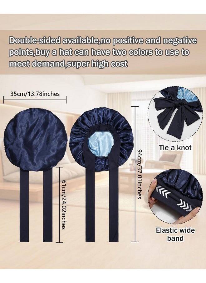 CHLINS - Satin Bonnet Silk Bonnet For Sleeping Silk Sleep Cap Double Layer Hair Bonnet With Elastic Tie Band For Curly Hair Night Cap (Navy+Light Blue) - Image 1