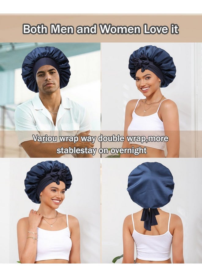 CHLINS - Satin Bonnet Silk Bonnet For Sleeping Silk Sleep Cap Double Layer Hair Bonnet With Elastic Tie Band For Curly Hair Night Cap (Navy+Light Blue) - Image 1