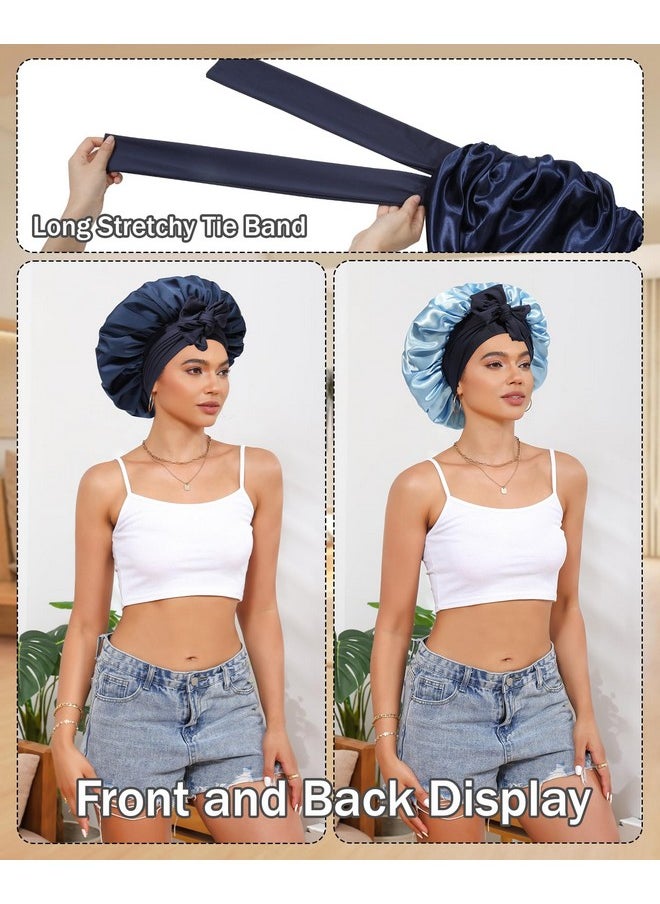 CHLINS - Satin Bonnet Silk Bonnet For Sleeping Silk Sleep Cap Double Layer Hair Bonnet With Elastic Tie Band For Curly Hair Night Cap (Navy+Light Blue) - Image 1