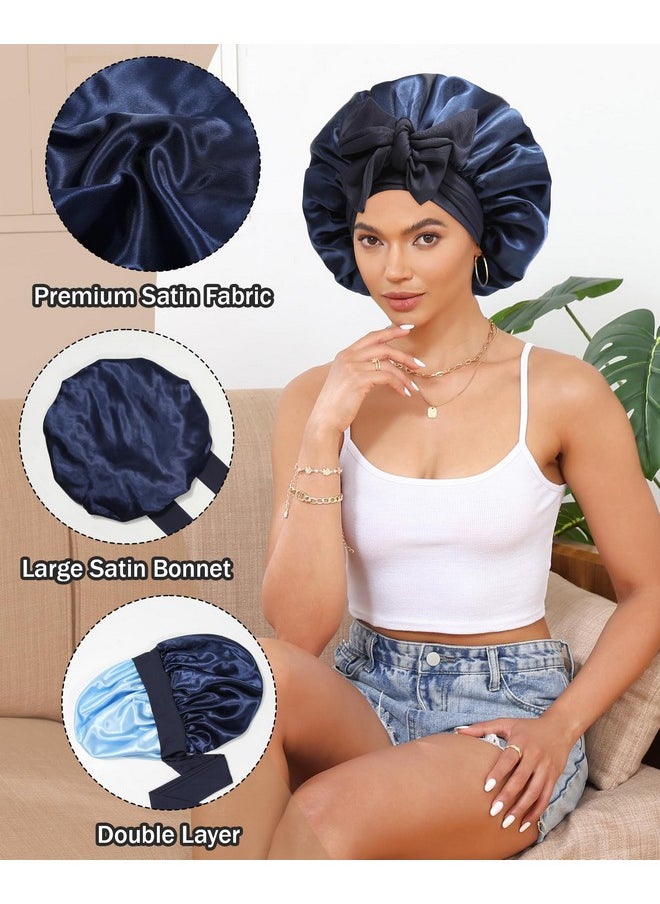 CHLINS - Satin Bonnet Silk Bonnet For Sleeping Silk Sleep Cap Double Layer Hair Bonnet With Elastic Tie Band For Curly Hair Night Cap (Navy+Light Blue) - Image 1
