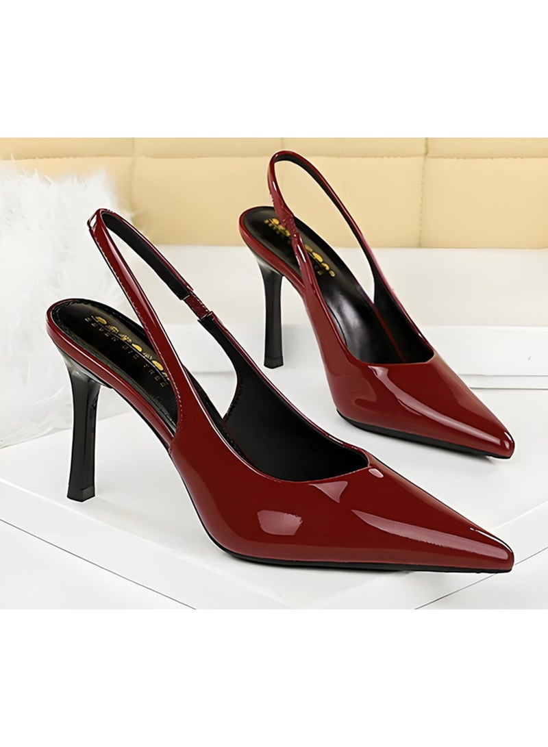 بيج تري المرأة مغلقة موجهة إصبع القدم مضخات سلينغباك ستيليتو كعب عالي الصنادل النبيذ الأحمر 9.5CM - Image 2