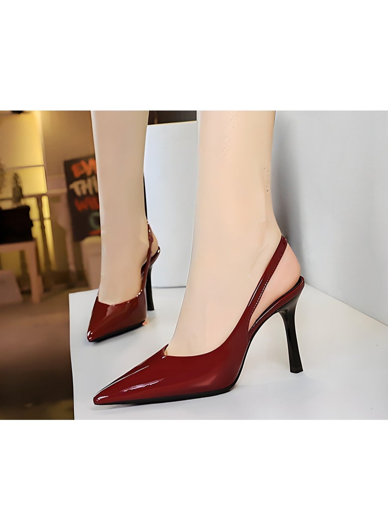 بيج تري المرأة مغلقة موجهة إصبع القدم مضخات سلينغباك ستيليتو كعب عالي الصنادل النبيذ الأحمر 9.5CM - Image 3
