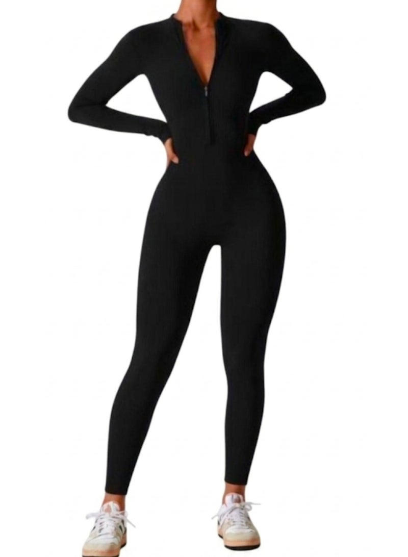 مايوه بحر نسائي قطعة واحدة بسوستة أمامية مع بونيه - أسود - Image 1