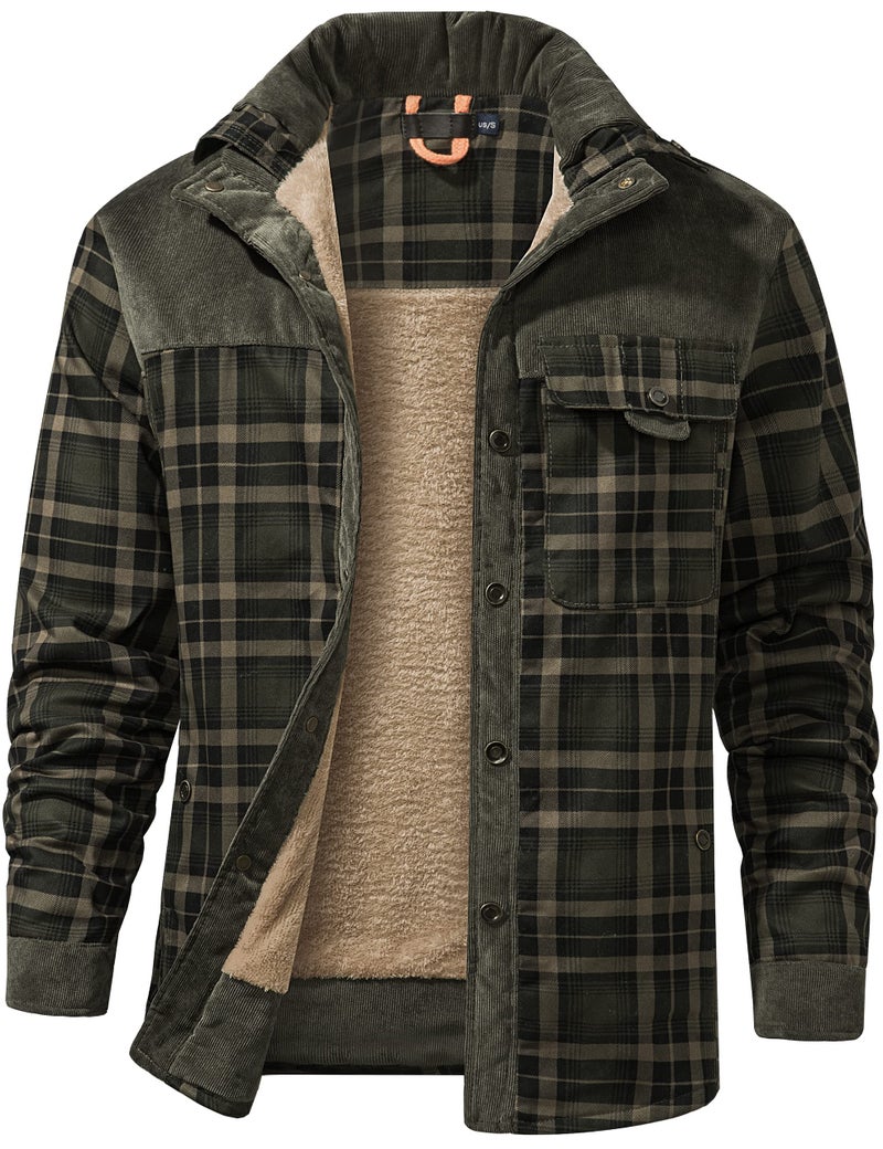 Flygo Mens Flannel Jacket Loose Plaid Sherpa Lined Flannel Shirt Snap Button Warm Winter Jackets PocketsDarkGreenM