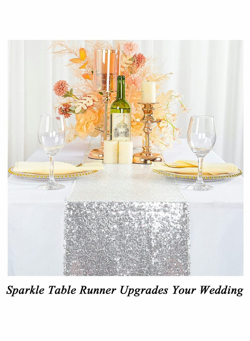 KASTWAVE Sequin Table Runner Glitter Fabric Table Linens Runner Fabric Decorations for Holiday Wedding Birthday Outdoor Party Decor 12x72 inch, Silver - Image 3