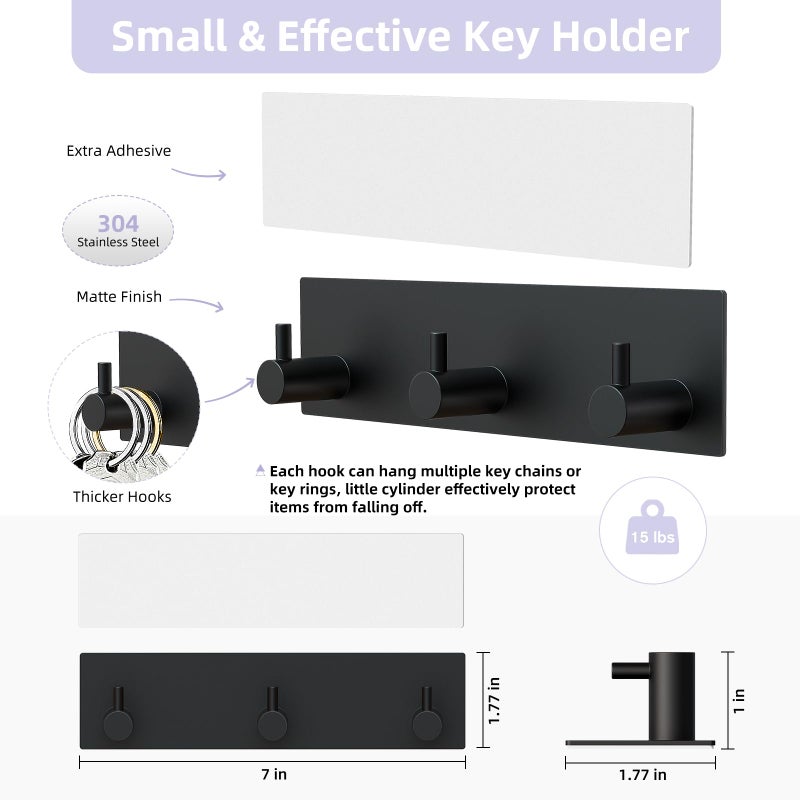 VIS'V Key Holder Wall Mount, Small Metal Self Adhesive Key Hanger with 3 Hooks, No Drilling, Extra Adhesive Strip, Black - Image 3