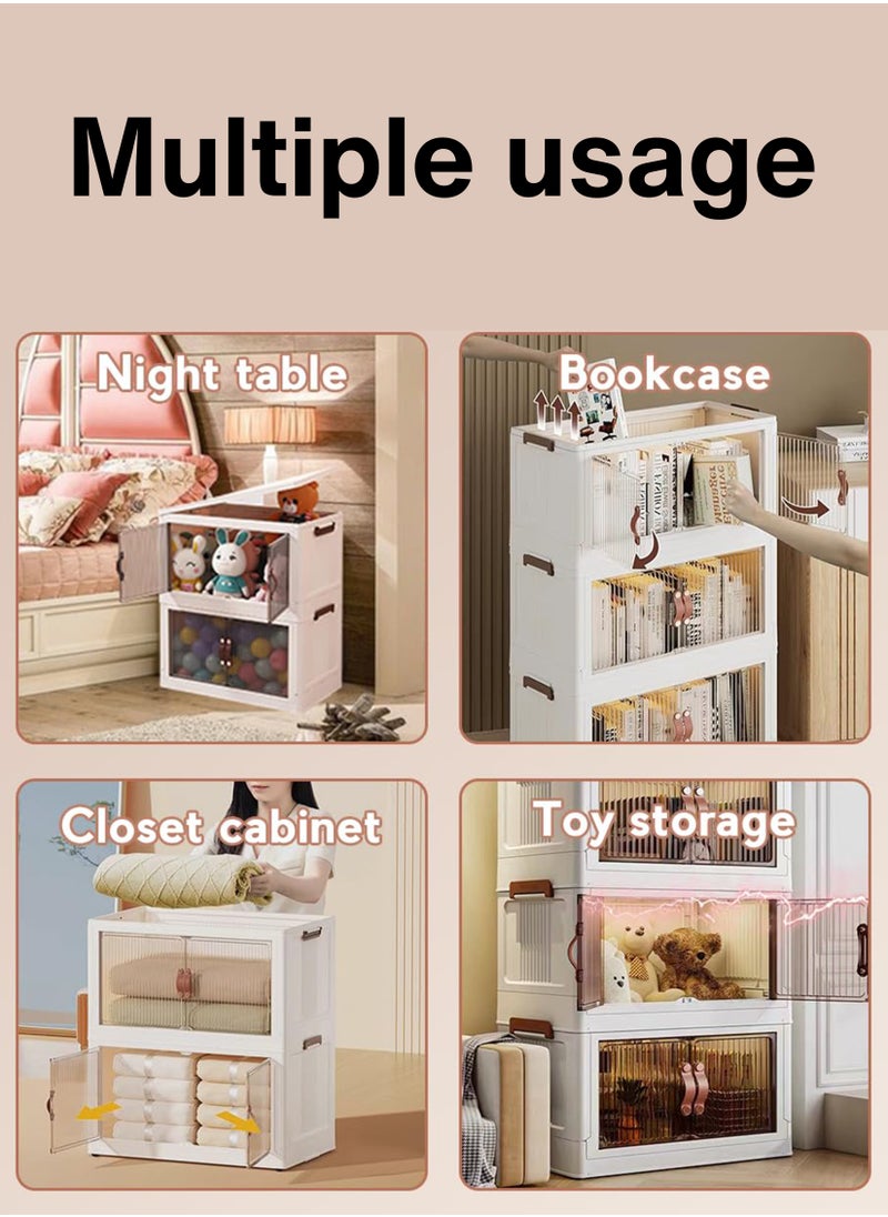 4 Tier Baby Storage Plastic Cabinet with Rolling Wheels – Collapsible, Foldable, Portable Clothes Storage Rack Organizer with Magnetic Transparent Double-Doors, Secure Lids and Lockable Casters – Dustproof and Lightweight Storage Bins Stackable Cupboard Box Baby’s Armoire Dresser for Clothes, Diapers, Blankets Infants Kids Toddlers Nursery Organizer Playroom Storage Solution for Toys – Available in Various Sizes and Layers