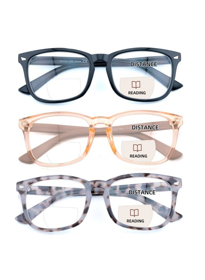 FEIVSN 3 Pack Bifocal Reading Glasses for Women Men Bi-focal Readers PC Frame Fixed Hinge Dual Focal Clear Top Eyewear, Black + Pretty Pink + Pea Color, +1.50 - Image 1