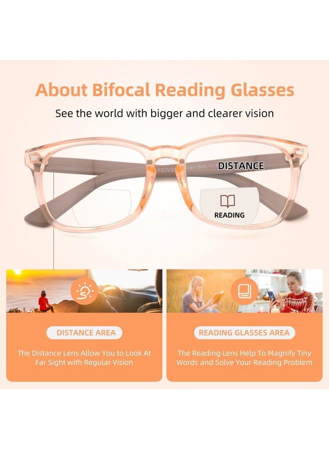 FEIVSN 3 Pack Bifocal Reading Glasses for Women Men Bi-focal Readers PC Frame Fixed Hinge Dual Focal Clear Top Eyewear, Black + Pretty Pink + Pea Color, +1.50 - Image 5