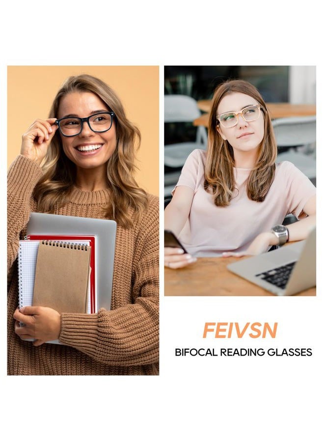 FEIVSN 3 Pack Bifocal Reading Glasses for Women Men Bi-focal Readers PC Frame Fixed Hinge Dual Focal Clear Top Eyewear, Black + Pretty Pink + Pea Color, +1.50 - Image 4