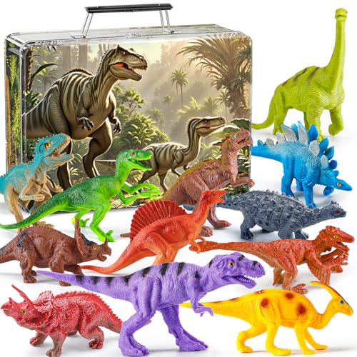 Kiddiworld ألعاب الديناصورات من كيديوورلد للأطفال 35 12 قطعة تماثيل ديناصورات واقعية مع صندوق تخزين معدني للأولاد بعمر 246 ألعاب ديناصور للأطفال من 3 إلى 4 إلى 5 سنوات هدايا عيد الميلاد أو عيد الميلاد - Image 1