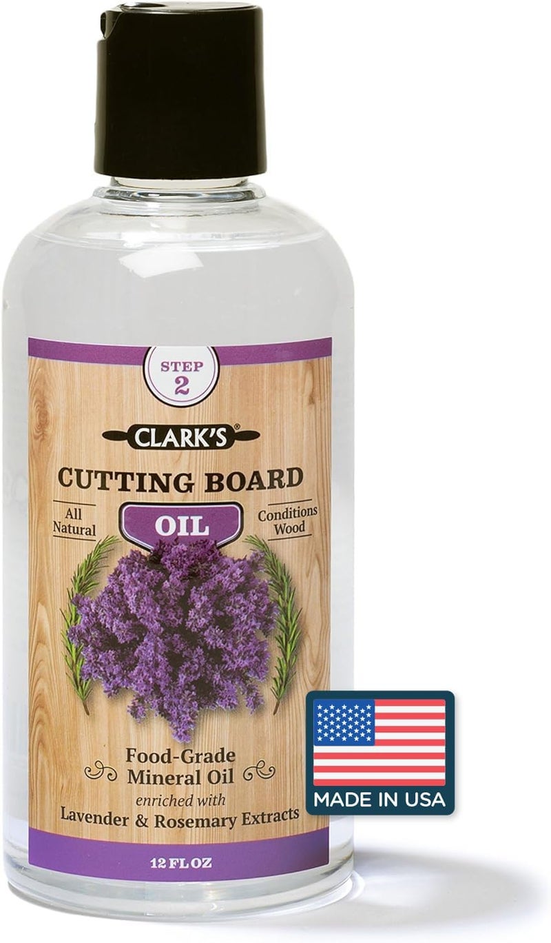 زيت لوح التقطيع CLARKS - زيت معدني غذائي مع مستخلصات اللافندر وإكليل الجبل - مكثف للكتل الخشبية - يستعيد ويحمي - 12 أونصة