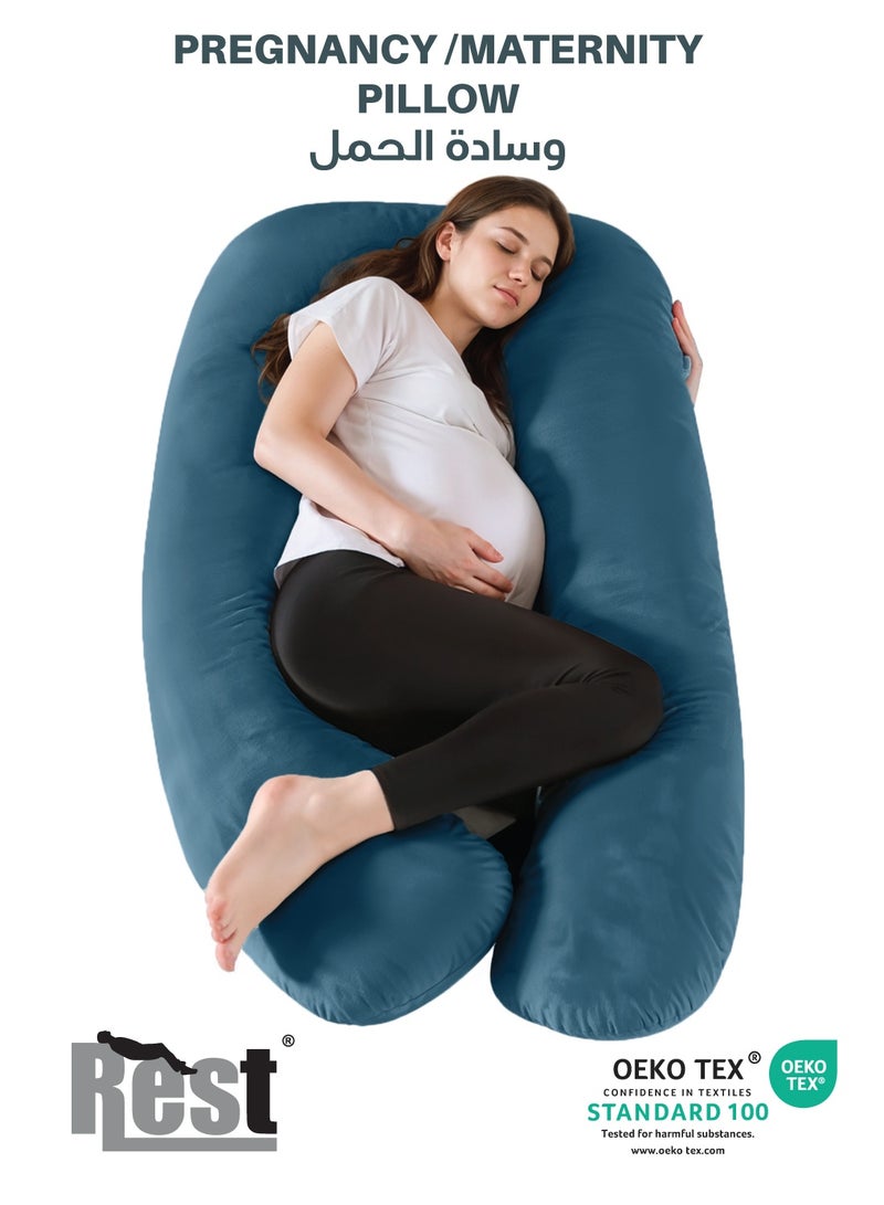 Rest Premium Velvet U Shaped Pregnancy Pillow  70x140cm  Maternity Full Body Pillow For Pregnant Women for Back , Hip , Neck and Knee Support with Removal Cover , Teal - Image 1