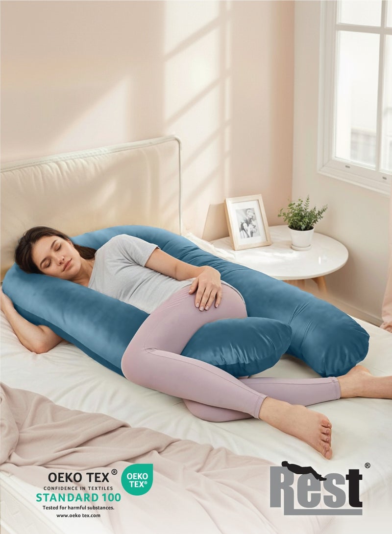Rest Premium Velvet U Shaped Pregnancy Pillow  70x140cm  Maternity Full Body Pillow For Pregnant Women for Back , Hip , Neck and Knee Support with Removal Cover , Teal - Image 2