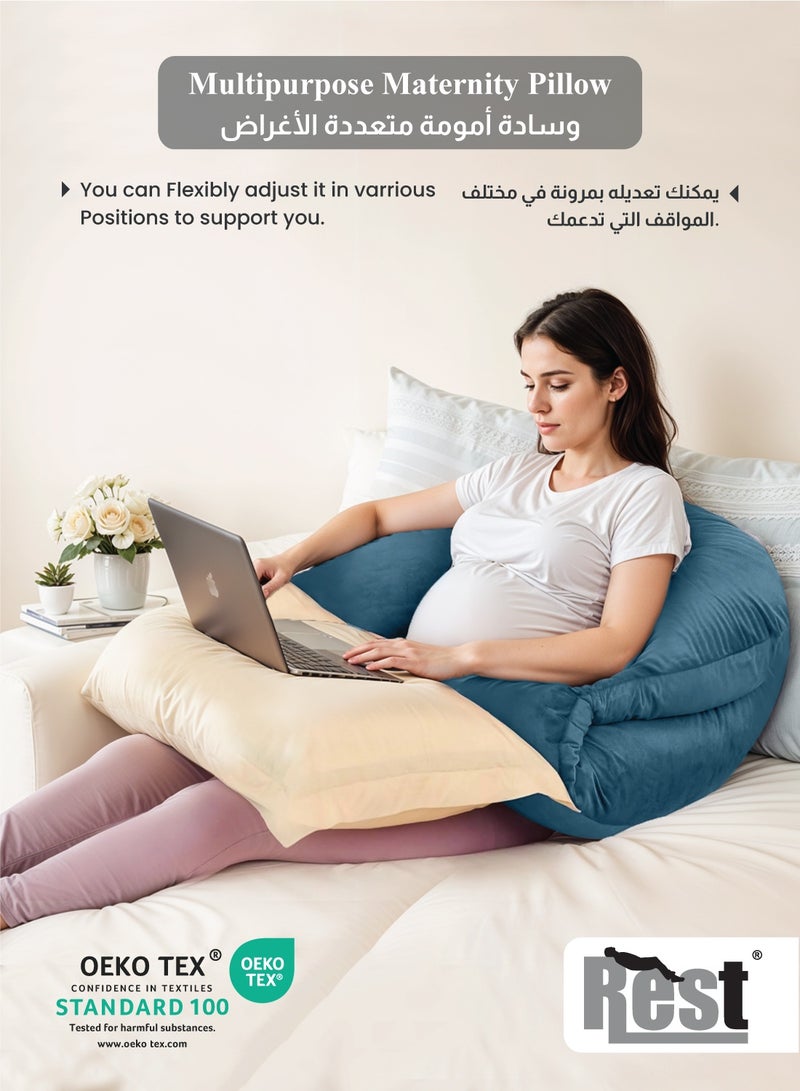 Rest Premium Velvet U Shaped Pregnancy Pillow  70x140cm  Maternity Full Body Pillow For Pregnant Women for Back , Hip , Neck and Knee Support with Removal Cover , Teal - Image 4