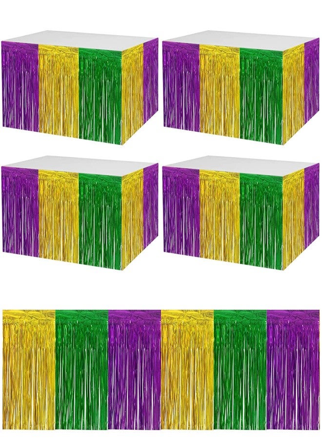 DredQcco Mardi Gras Fringe Table Skirt, 4-pack 2.5x9 ft Gold Green Purple Splicing Foil Fringe Tinsel Metallic Table Skirts for Mardi Gras Party Decorations - Image 1