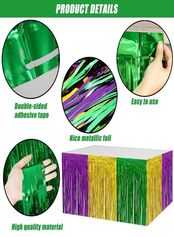 DredQcco Mardi Gras Fringe Table Skirt, 4-pack 2.5x9 ft Gold Green Purple Splicing Foil Fringe Tinsel Metallic Table Skirts for Mardi Gras Party Decorations - Image 3