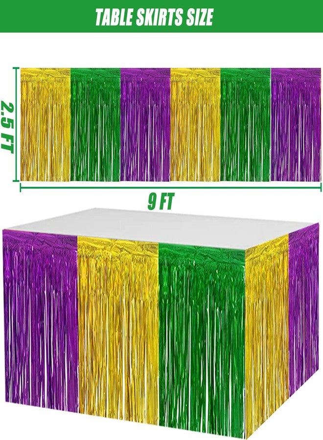 DredQcco Mardi Gras Fringe Table Skirt, 4-pack 2.5x9 ft Gold Green Purple Splicing Foil Fringe Tinsel Metallic Table Skirts for Mardi Gras Party Decorations - Image 2