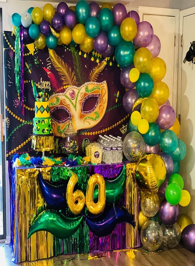 DredQcco Mardi Gras Fringe Table Skirt, 4-pack 2.5x9 ft Gold Green Purple Splicing Foil Fringe Tinsel Metallic Table Skirts for Mardi Gras Party Decorations - Image 4