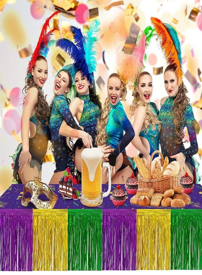 DredQcco Mardi Gras Fringe Table Skirt, 4-pack 2.5x9 ft Gold Green Purple Splicing Foil Fringe Tinsel Metallic Table Skirts for Mardi Gras Party Decorations - Image 5