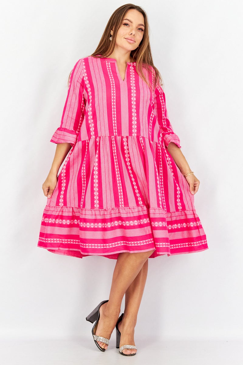 Tchibo Women 3/4 Sleeves Pattern Dress, Pink - Image 1