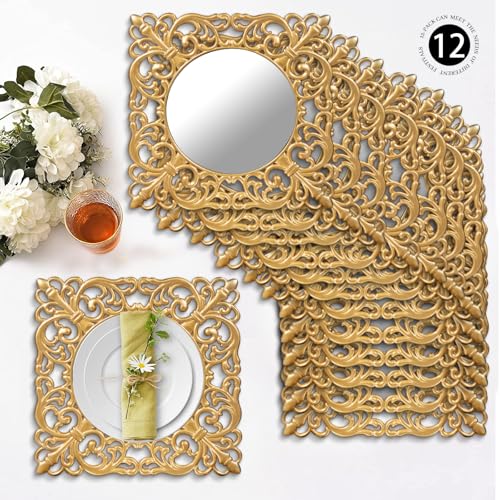 MAONAME 12" Gold Charger Plates Set of 12, Mirror Charger for Dinner Plates, Plastic Plate Chargers with Embossed Rims, Square Chargers for Table Setting, Wedding - Image 2