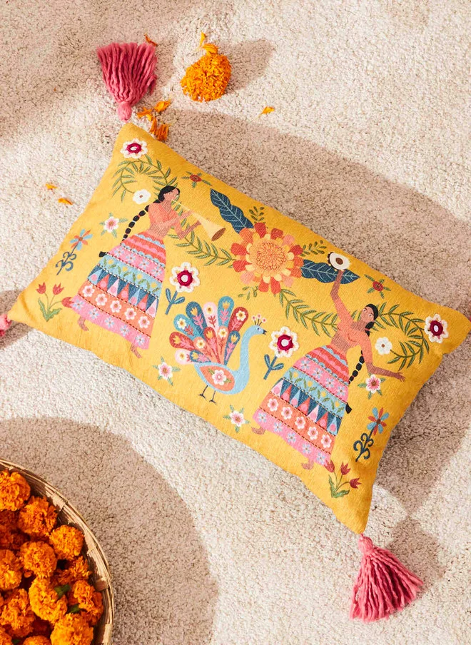 Chumbak Marigold Lady Troupe Cushion Cover 12"x20"