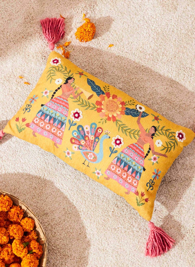 Chumbak Marigold Lady Troupe Cushion Cover 12"x20" - Image 1