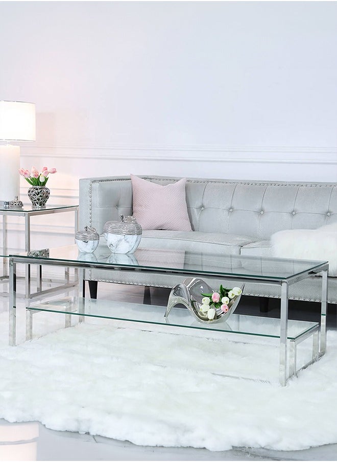 VANITY LIVING VANITY LIVING Coffee Table for Living Room, 2 Tier Modern Tempered Glass Tabletop with Lazzaro Chrome Sturdy Stainless Steel Frame, Centre Table for Dining Room  - Image 1