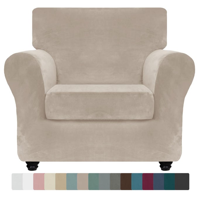 LUXURY VELVET CHAIR SLIPCOVERS WITH ARMS 2 PIECE STRETCH CHAIR COVERS FOR LIVING ROOM THICK SOFT ARMCHAIR SLIPCOVER ANTI SLIP DOG PET FRIENDLY FURNITURE PROTECTOR KHAKI30471 CUSHION