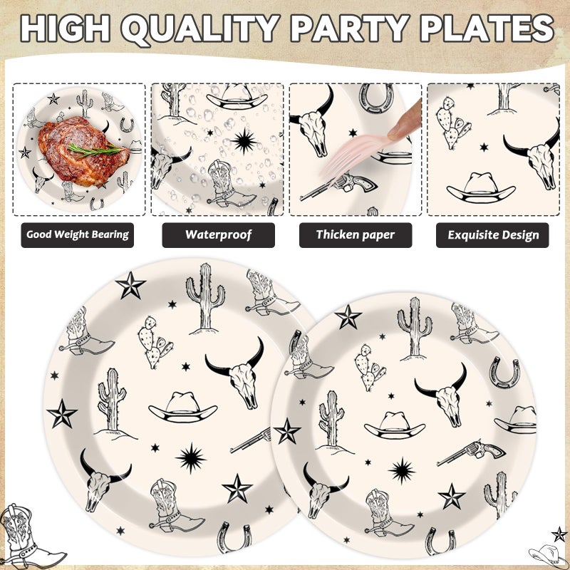 Oitnlaughter 96PCS Western Cowboy Party Paper Plates and Napkins Set for Rodeo Party Cake Dessert Plates Disposable Decor Supplies Wild West Bachelorette Tableware for Kids Birthday Gatherings Decorations - Image 3
