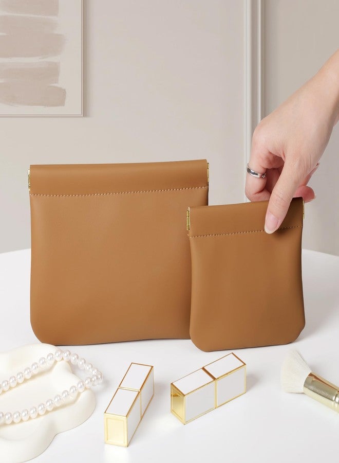 MEIBOOCH 2 Pack Small Makeup Bag for Women, New Organosilicon Super Fiber Leather Mini Cosmetic Bag for Travel, Coin Purse Organizer Storage Pouch (Brown) - Image 2