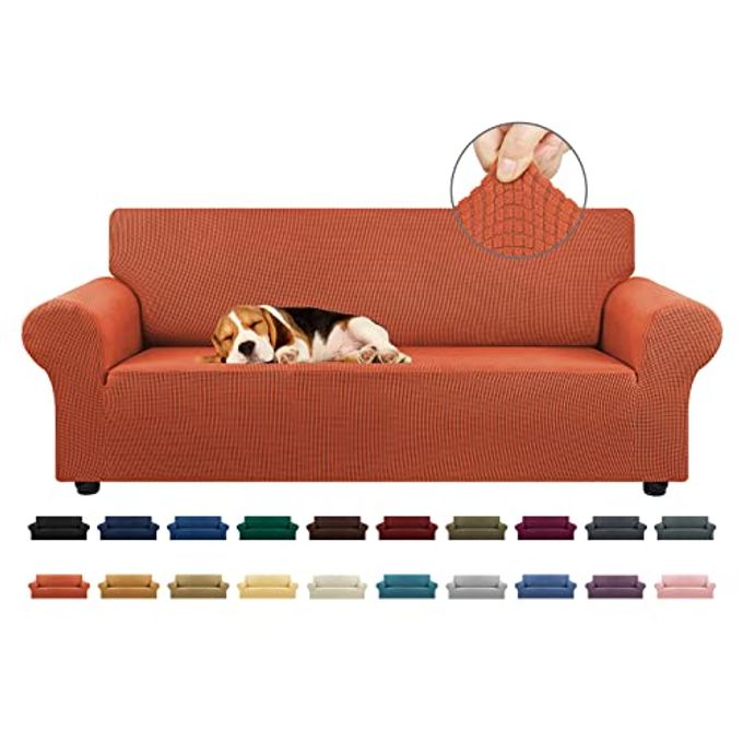 KEKUOU Stretch Sofa Cover Slipcover Couch Covers for 3 Cushion Couch Sofa (78"-94") Furniture Protector 3 Seater Sofa with Elastic Bottom for Kids,Dog(Large,Pureed Pumpkin) - Image 4