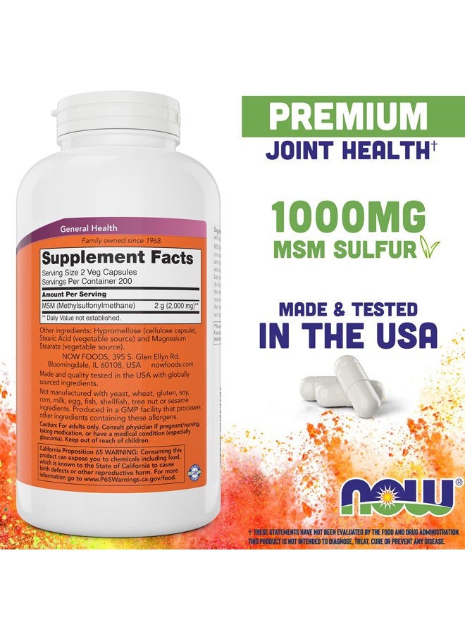 Now MSM 1000mg Veg Capsules, 400 Count Methyl-Sulphonyl-Methane, Made in USA, Sulfur Supplement, Joint Health, Non-GMO, Vegan Vegetarian Friendly - Image 2