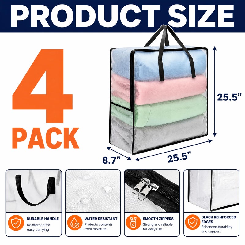 Fasmov 4 Pack Oversized Clear Storage Bag with Handles and Zippers, Vinyl Storage Bag for Comforter, Blanket, Bedding, Duvet, Transparent Moving Totes, Under the Bed Storage, Garage Organizer - Image 2