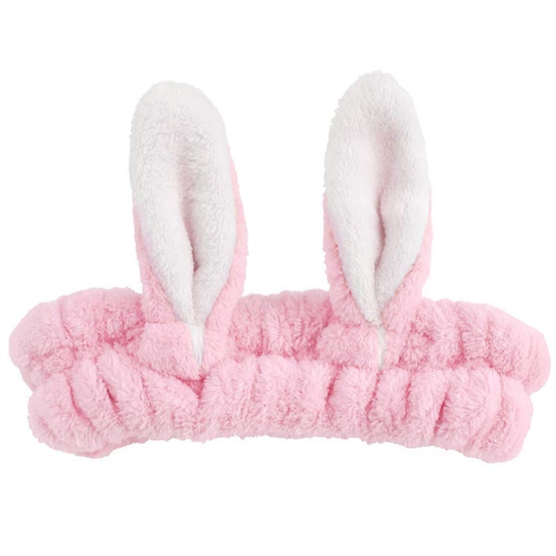 GEOOT Bunny Ears Spa HeadbandsWash Headband Cute Rabbit Ear Washing Face Hairlace Short Plush Facial Head Wrap Pink