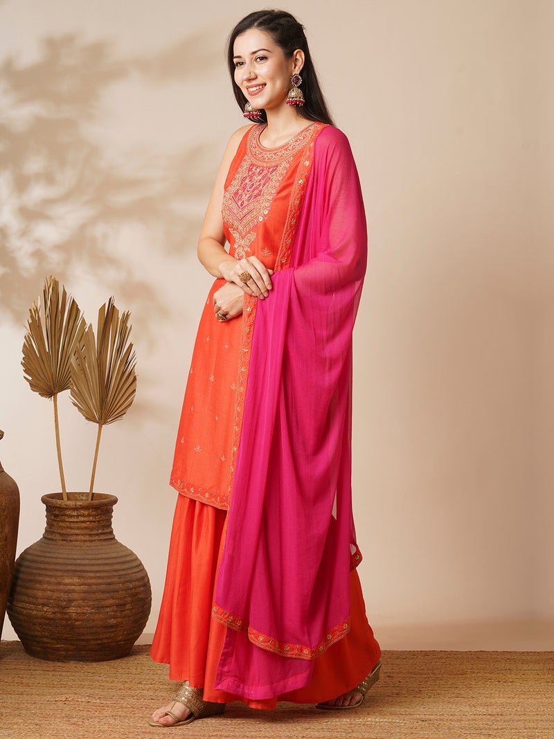 globus Globus Women Orange-Coloured Ethnic Motifs Yoke Design Zari Straight Kurta With Sharara Dupatta - Image 2