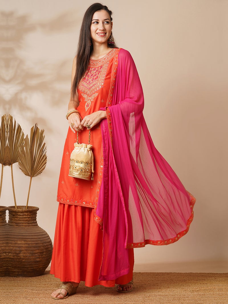 globus Globus Women Orange-Coloured Ethnic Motifs Yoke Design Zari Straight Kurta With Sharara Dupatta - Image 1