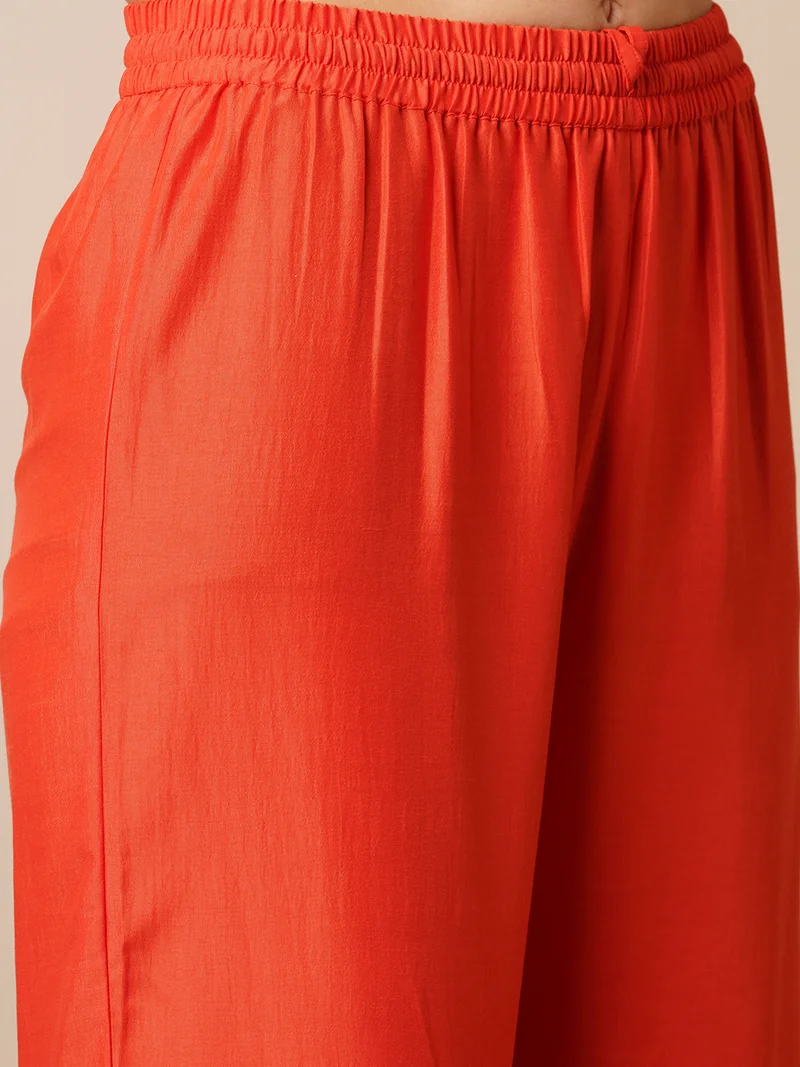 globus Women Orange-Coloured Ethnic Motifs Yoke Design Zari Straight Kurta With Sharara Dupatta