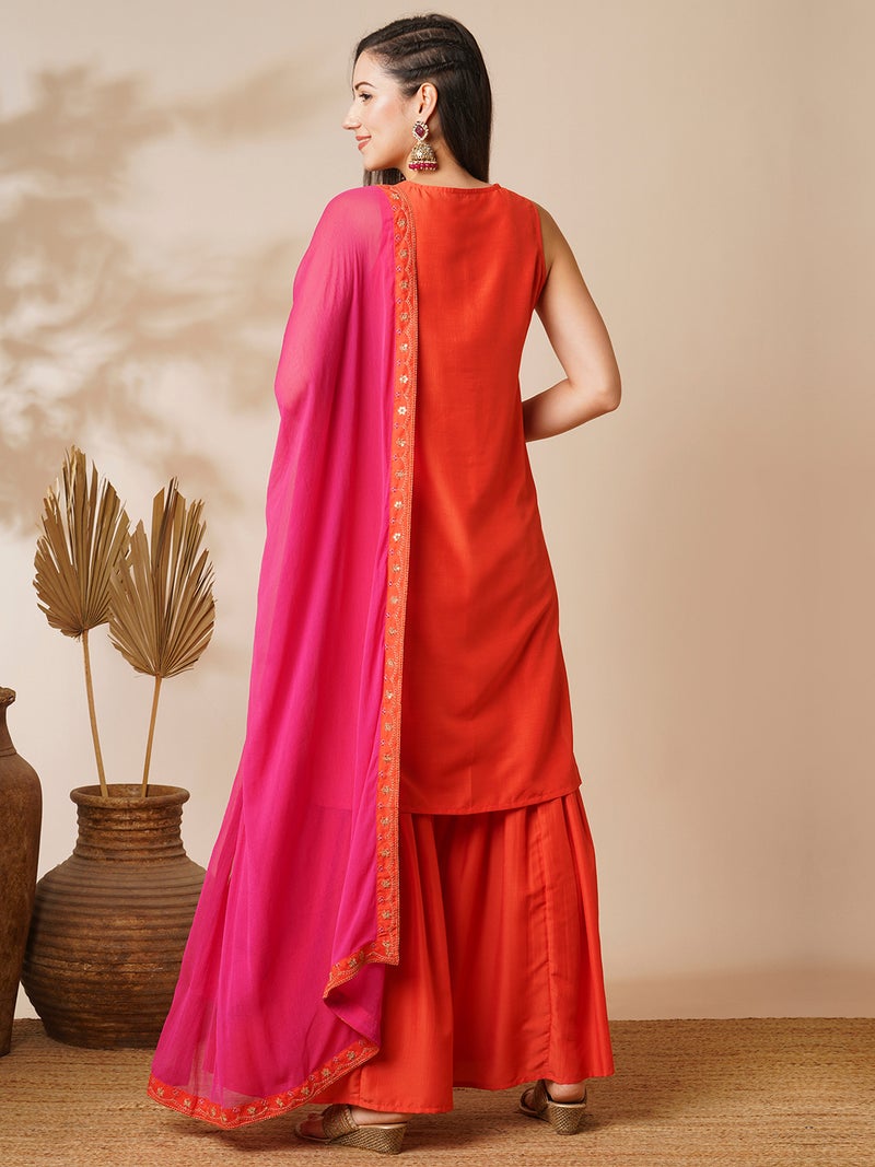 globus Globus Women Orange-Coloured Ethnic Motifs Yoke Design Zari Straight Kurta With Sharara Dupatta - Image 3