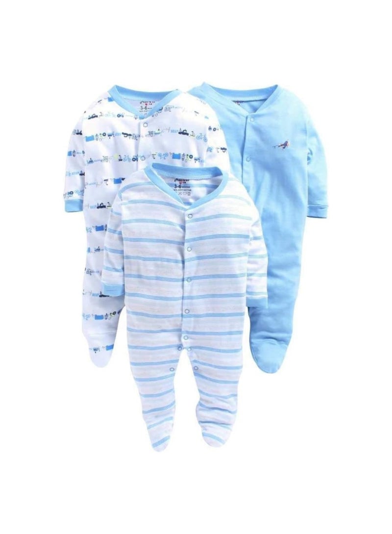 VADMANS Vadmans New Born Baby Multi-Color Long Sleeve Cotton Sleep Suit Romper for Boys and Girls Set of 3 (Soft Blue, 6-9 Months)  - Image 1
