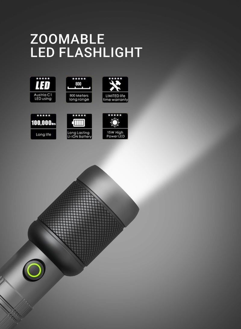 FLEXY W5050 Laser LED Flashlight – 900 Lumens, 15W Power, 800m Range, 4000mAh Li-ion Battery, 5V Type-C Charging, High/Low/Flash/SOS Modes, 3.5H Fast Charge, 4-Year Warranty. - Image 3
