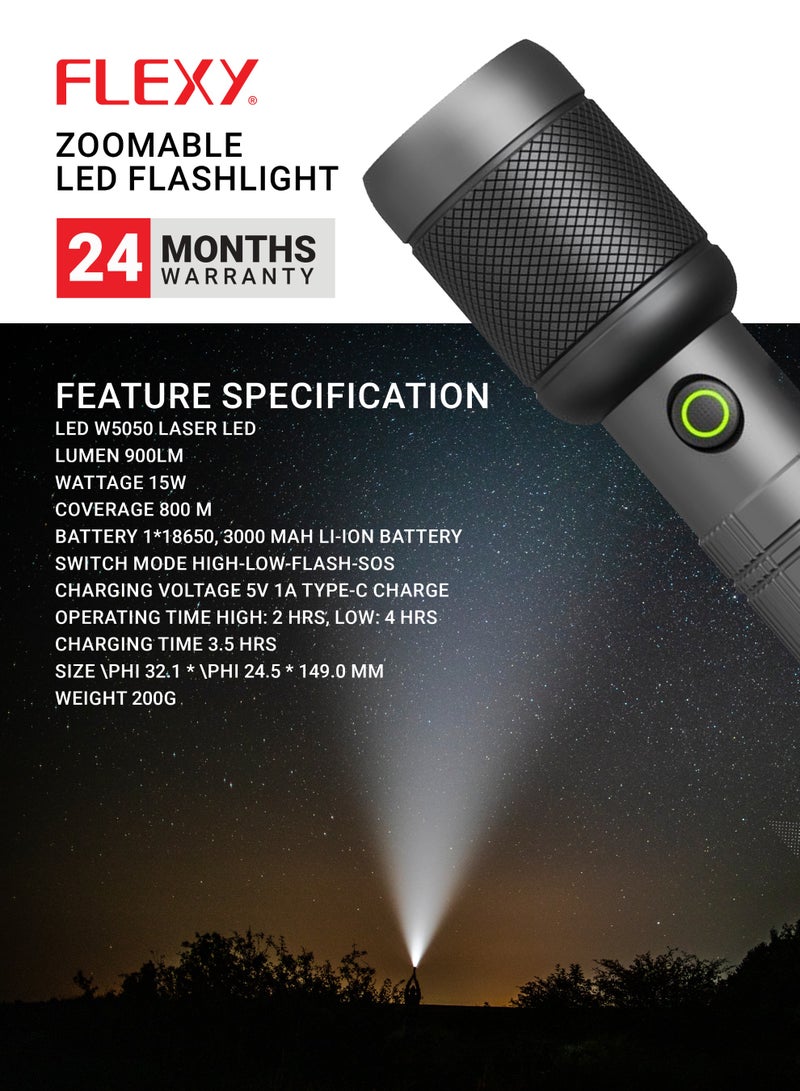 FLEXY W5050 Laser LED Flashlight – 900 Lumens, 15W Power, 800m Range, 4000mAh Li-ion Battery, 5V Type-C Charging, High/Low/Flash/SOS Modes, 3.5H Fast Charge, 4-Year Warranty. - Image 5