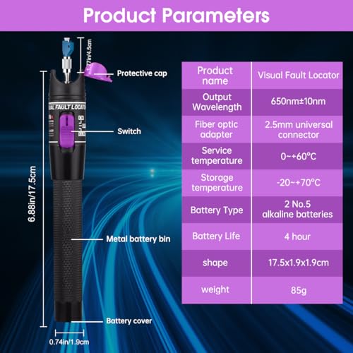 Moocci Visual Fault Locator - Fiber Optic Cable Tester Meter Kit with FC Male to LC Female Adapter - Fiber Optic Tools Tester Detector for LC/FC/SC/ST, Network Cable Test - Image 2